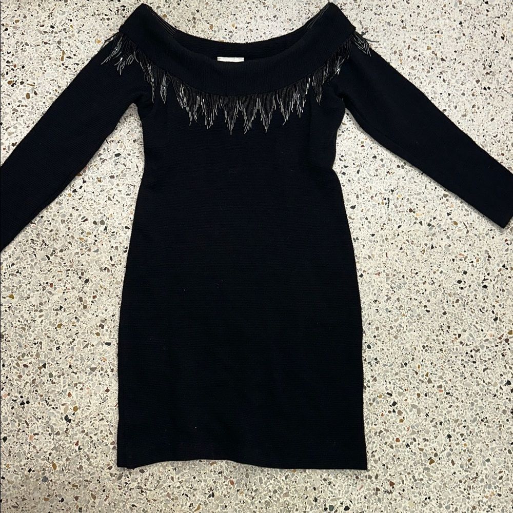 Samir black ribbed mini dress beaded fringe off the shoulder small s